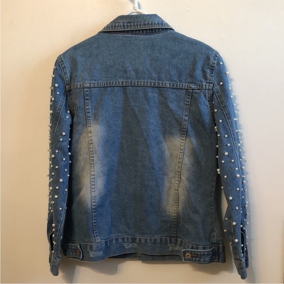 Live a Little Faux Pearl Studded Distressed Jean Jacket - Picture 7 of 7